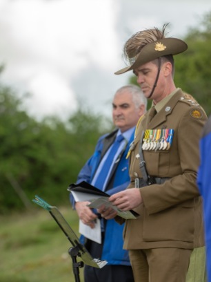 Lieutenant Colonel Ben Passmore, Australian Army UK Liaison Officer, giving a speech at the service. An ANZAC day service was held today in Wiltshire to commemorate the sacrifice made by the Australian Imperial Forces and remember their presence here in the County. The occasion also marked the formal opening of the restored chalk map of Australia. Guests included Mrs Sarah Troughton, the Lord Lieutenant of Wiltshire and Mr Matt Anderson, the Deputy Australian High Commissioner, Colonel Andrew Dawes, Commander South West and Lieutenant Colonel Ben Passmore, Australian Army UK Liaison Officer. We are also immensely privileged to be joined by Mrs Jill Young Who travelled from Australia to lay a wreath in memory of her father Albert Haslet, a Bombardier with the 12th Artillery Brigade, AIF, stayed at Hurdcott Camp between April and June 1918 recovering from wounds.